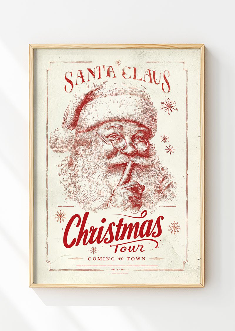 Affiche de noel illustration rétro du pere noel en rouge sur fond beige, dans un cadre en bois