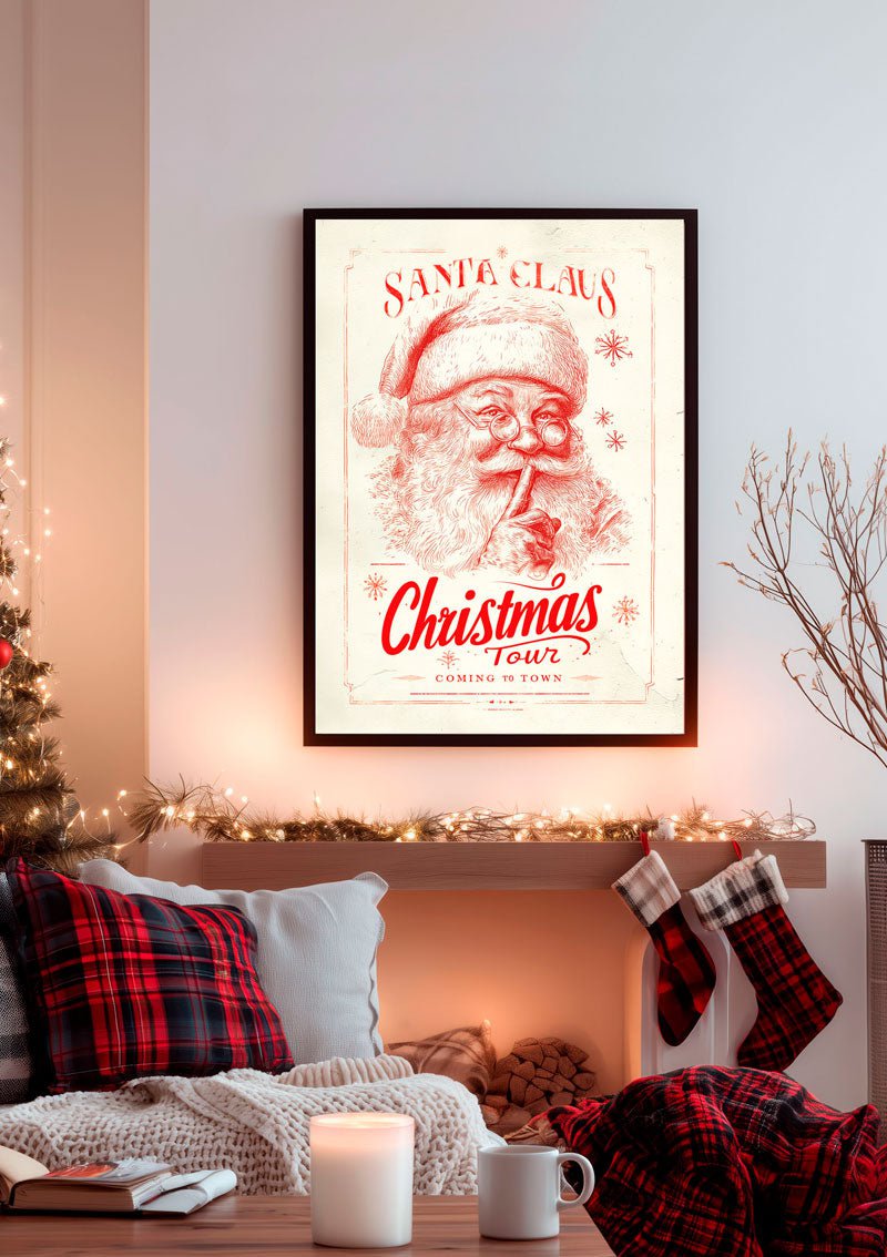 Mise en situation dans un salon décorée de l'affiche de noel du père noel dans un style gravure rétro
