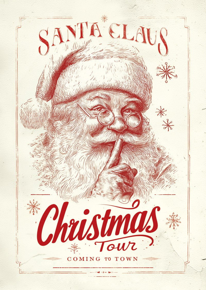 Affiche de noel illustrant le père noel dans un style de gravure rétro, rouge sur fond beige