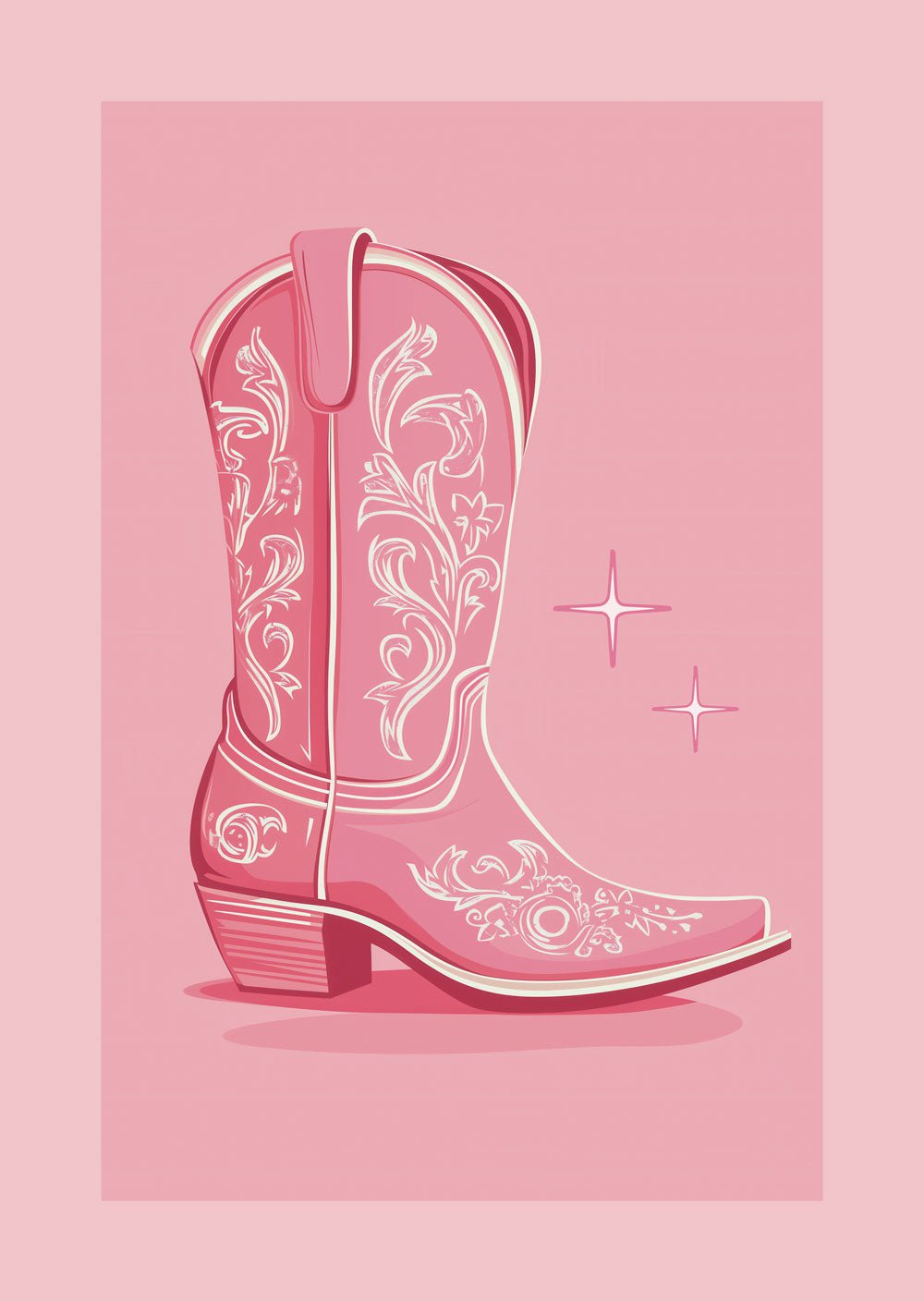 Botte de cowboy rose et blanche, sur fond rose. Affiche vintage pop.