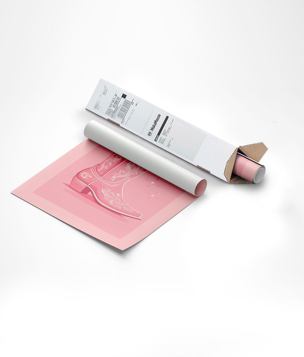 Affiche vintage pop santiag rose et blanche dans un carton d'emballage triangulaire.