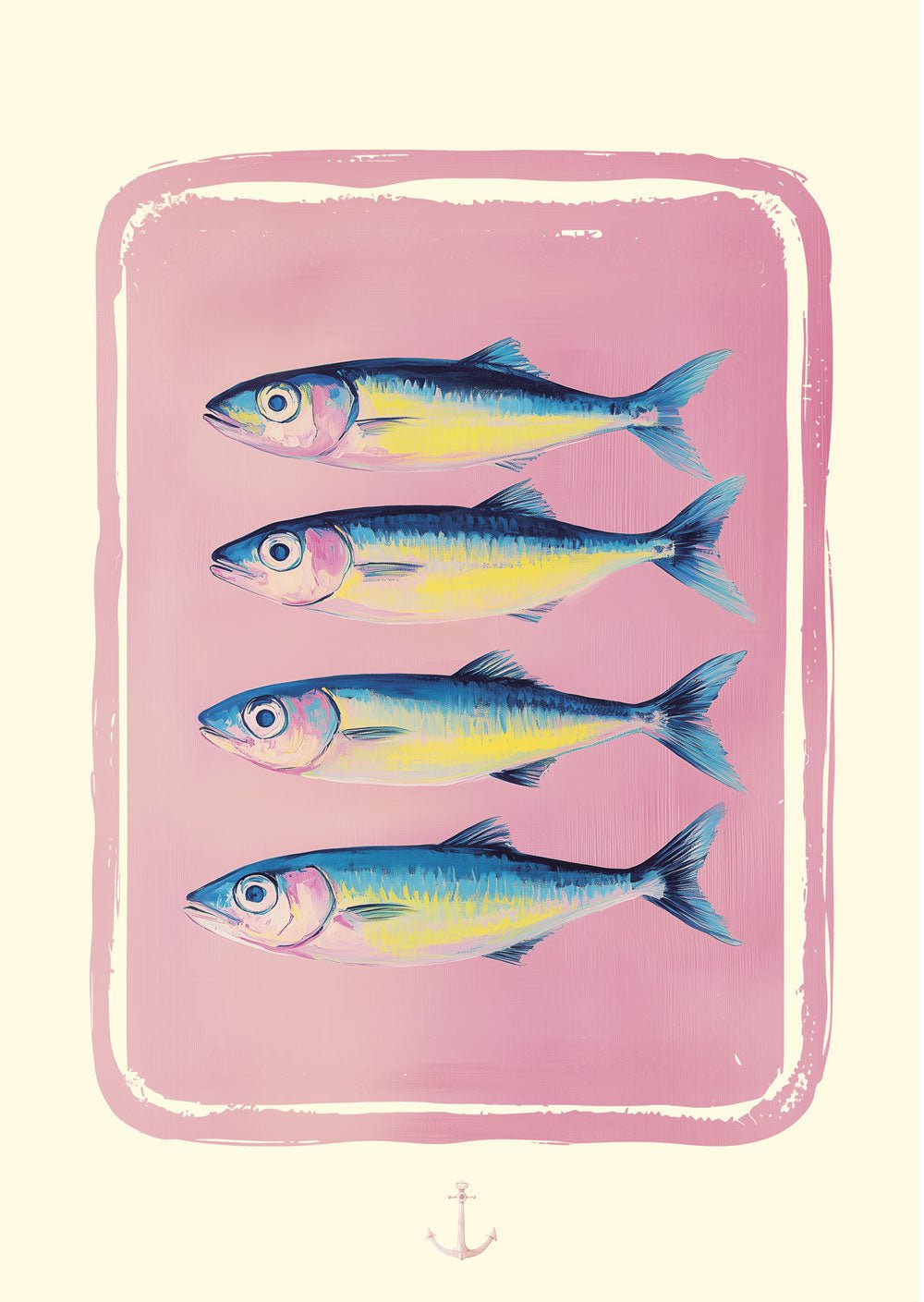 Affiche mer de 4 sardines colorées et alignées sur fond rose