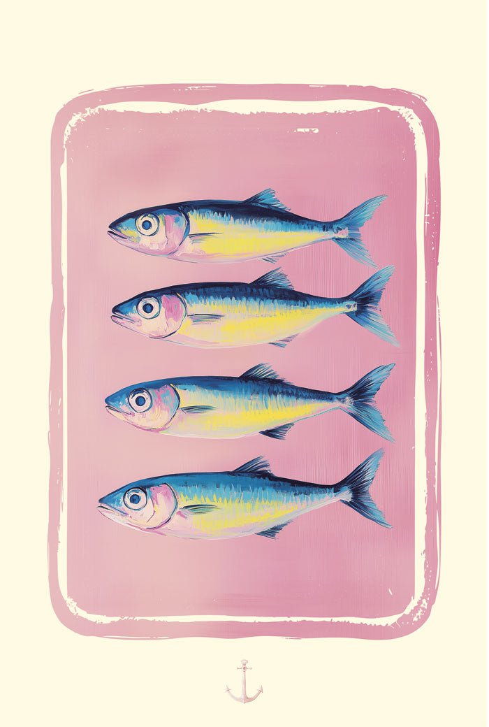 Poster été coloré sardine sur fond rose en taille 40x60cm