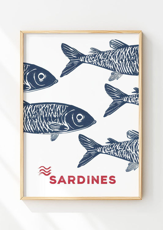 Poster mer sardines bleues stylisées avec typo rouge , dans un cadre bois