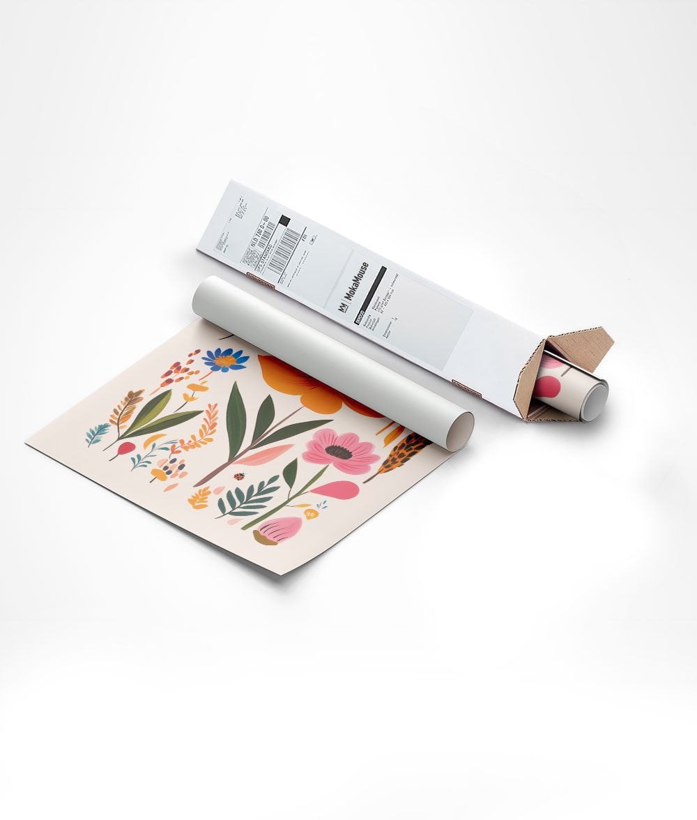 Affiche illustration fleurs sauvages colorées emballée dans un carton triangle