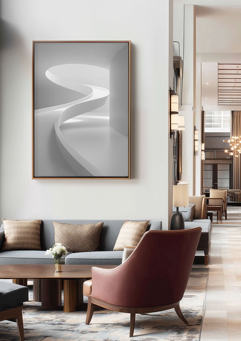 poster déco d'une rampe courbée minimaliste mis en situation dans un hotel luxueux