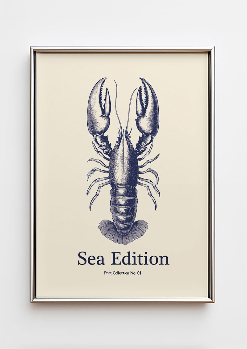 Poster mer en gravure détaillée d'un homard en gravure bleu, dans un cadre chrome