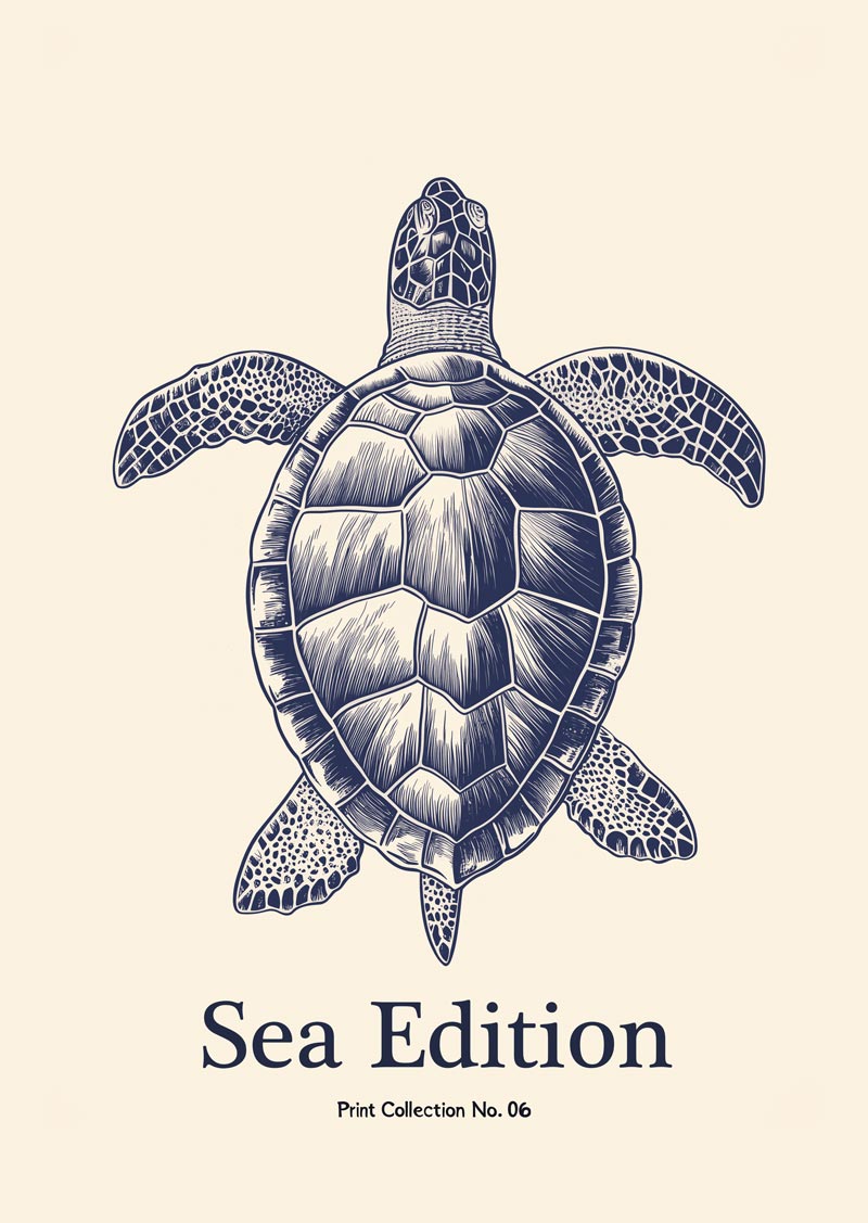 Affiche mer illustrant une tortue en style gravure, en bleue sur fond crème