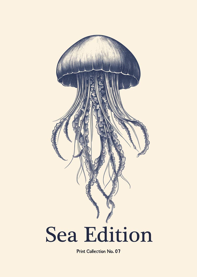 Affiche mer illustrant une méduse stylisée, en bleu sur fond crème