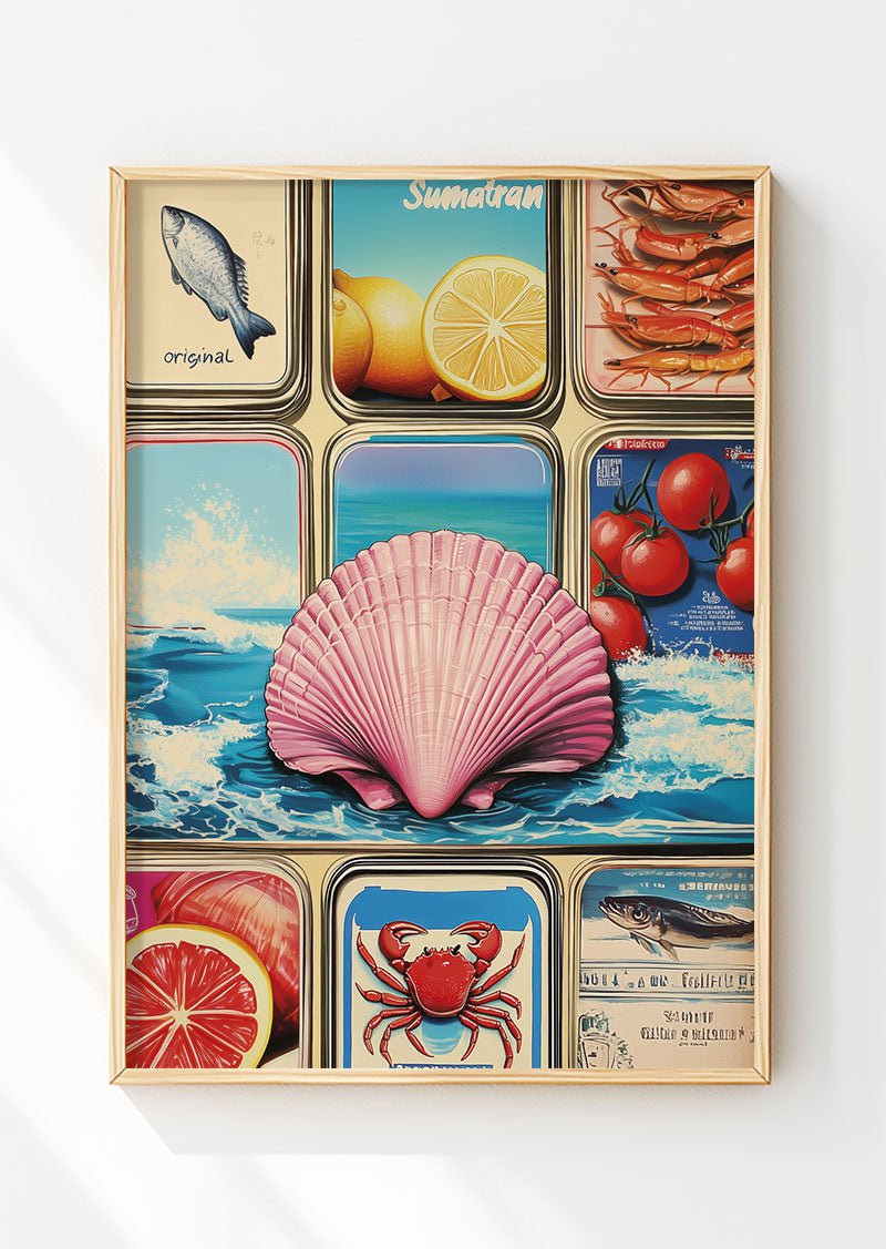 Poster mer rétro d'un coquillage rose au milieu d'image marine, dans un cadre en bois