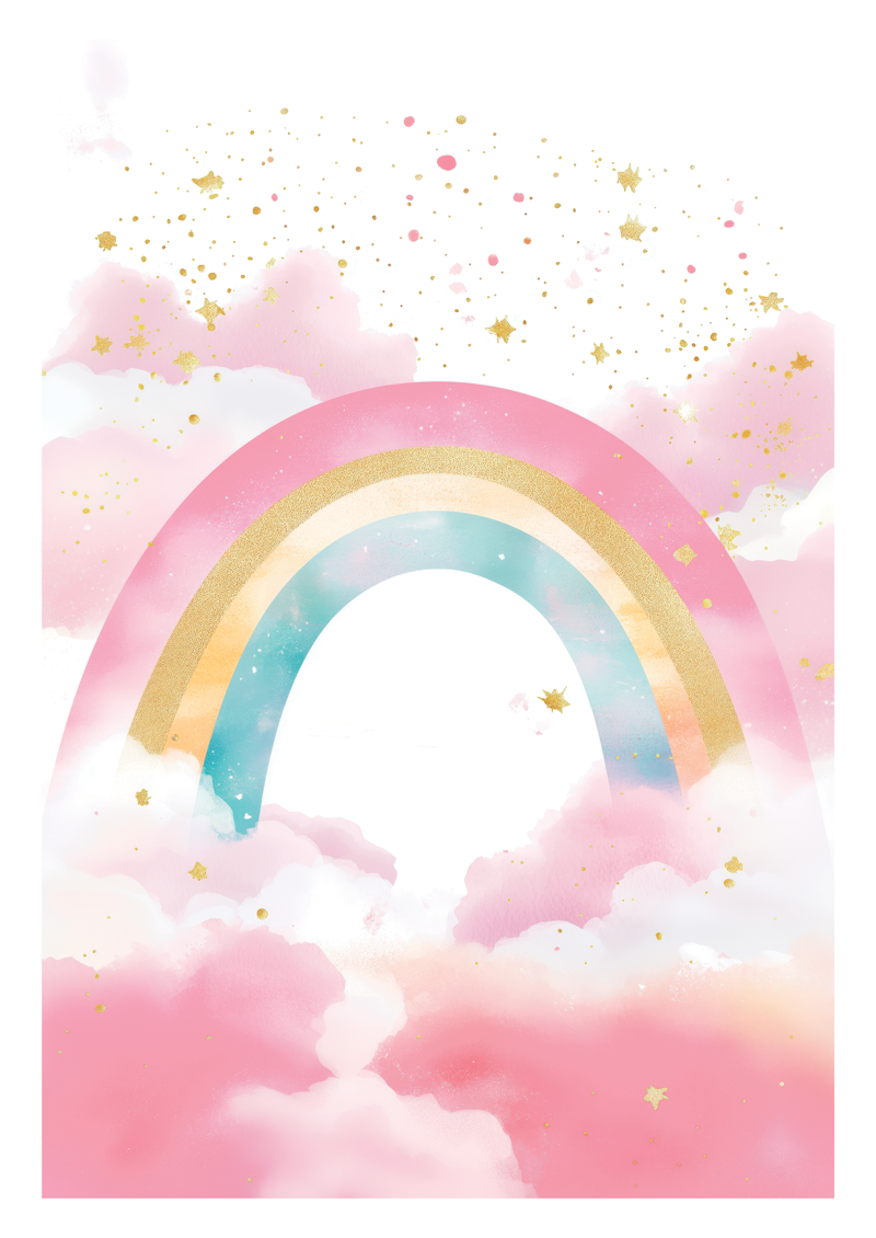 Affiche chambre enfant d'un arc en ciel et de nuages rose à paillettes.