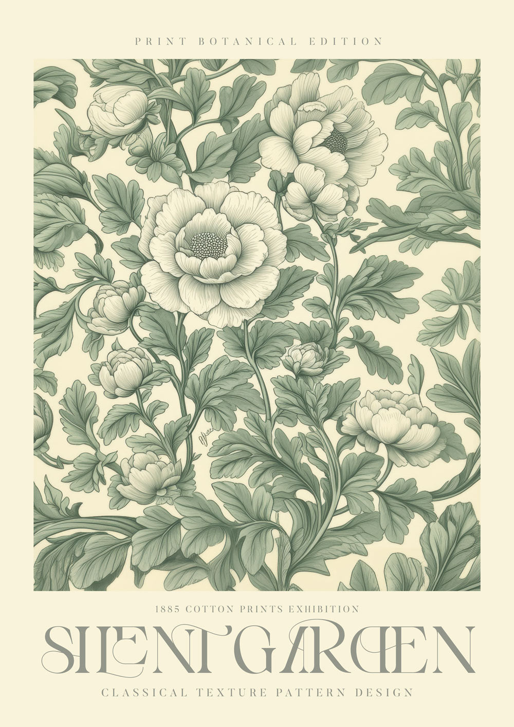 Affiche murale williams Morris présentant des fleurs couleur vert et écru, avec le titre "Silent garden".