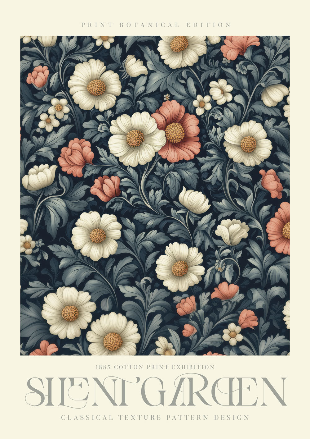 Affiche William Morris de fleurs blanches et roses vintage au feuillage dense, avec le titre "Silent Garden".