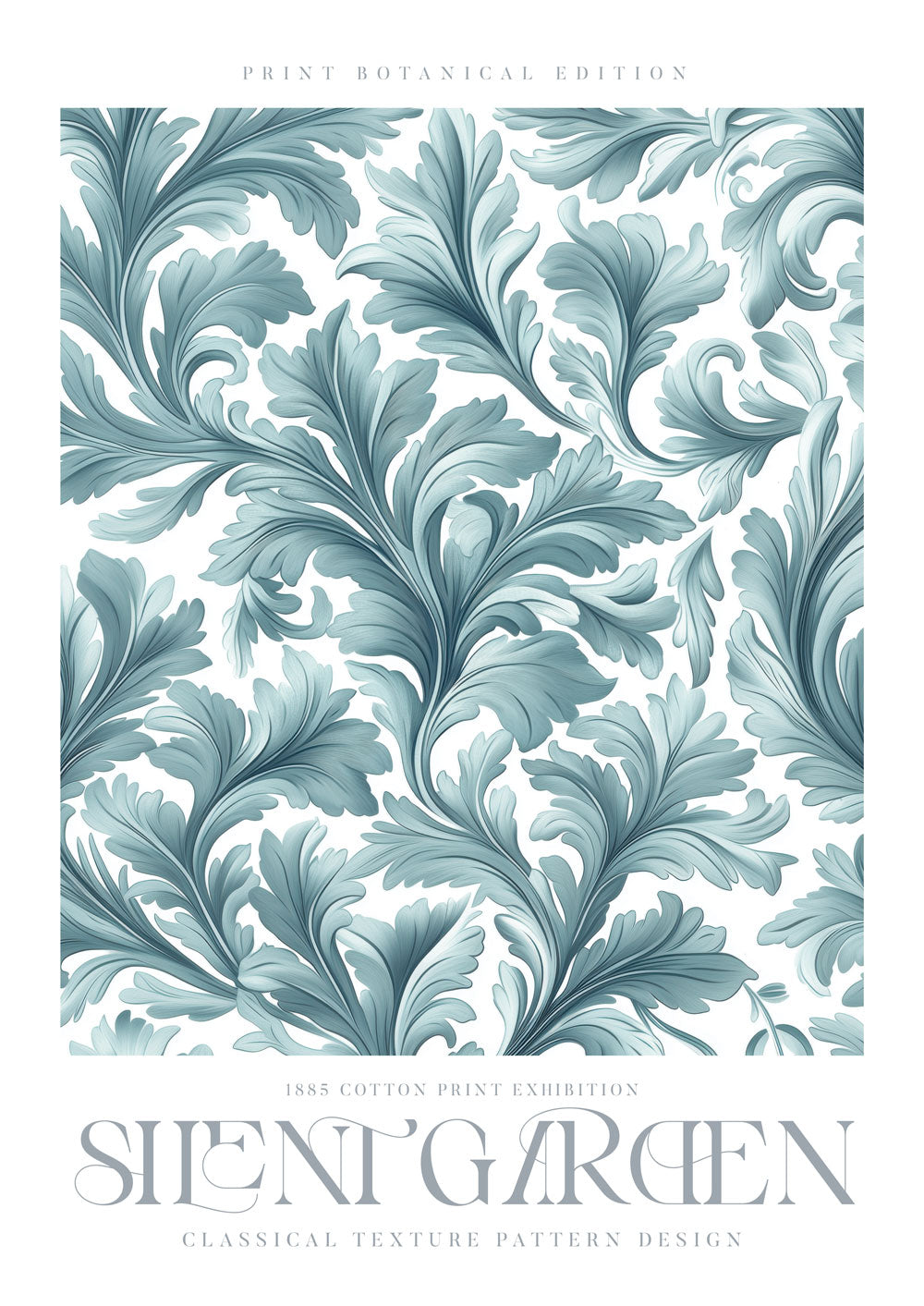 Affiche murale Williams Morris d'un feuillage bleu-gris sur un fond blanc avec le titre "Silent garden".