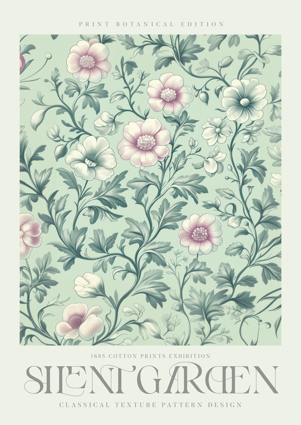 Affiche murale William Morris, des fleurs roses tendre et vert pâle sur fond vert clair avec le titre "silent garden".