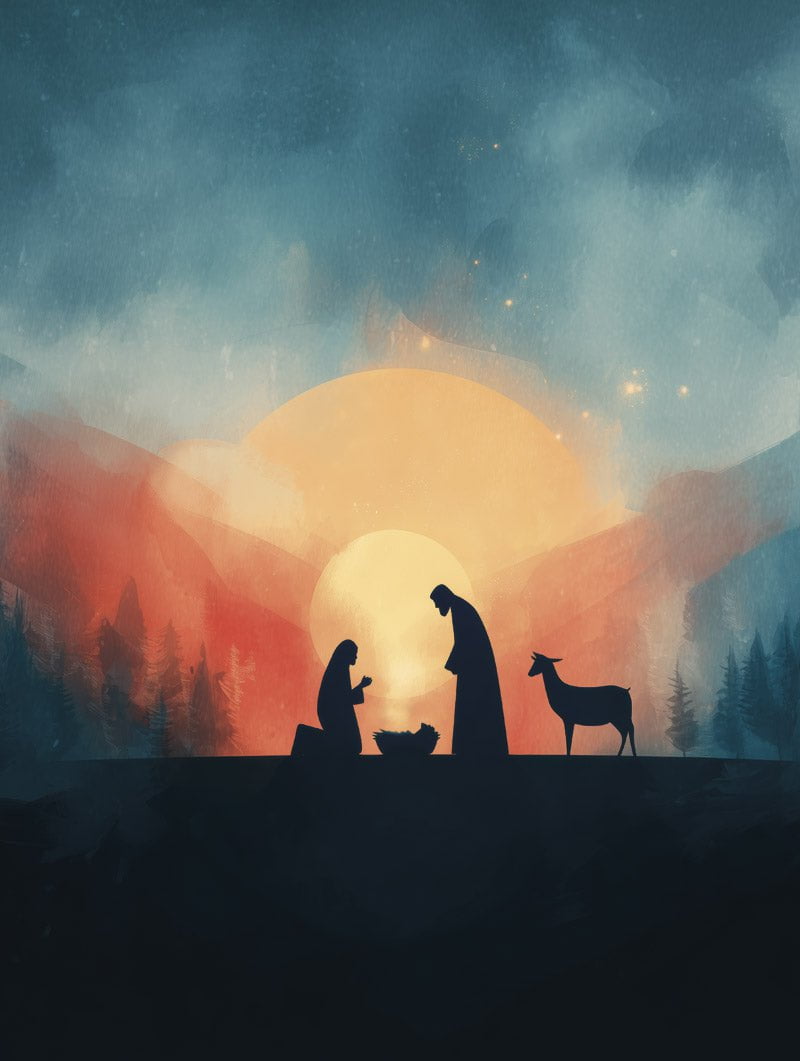 Affiche chrétienne illustrant à l'aquarelle la nativité du christ, en format 30x40cm