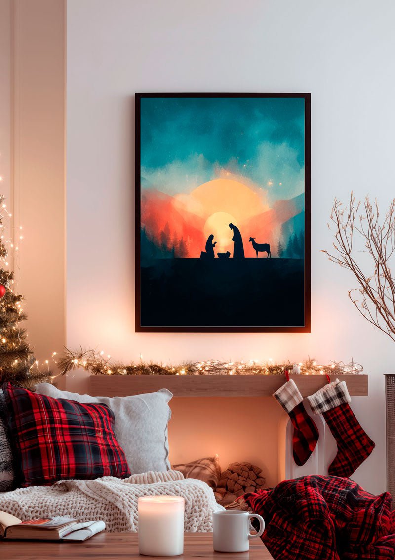 Affiche de noël représentant jésus lors de sa naissance, encadrée sur le mur d'un salon