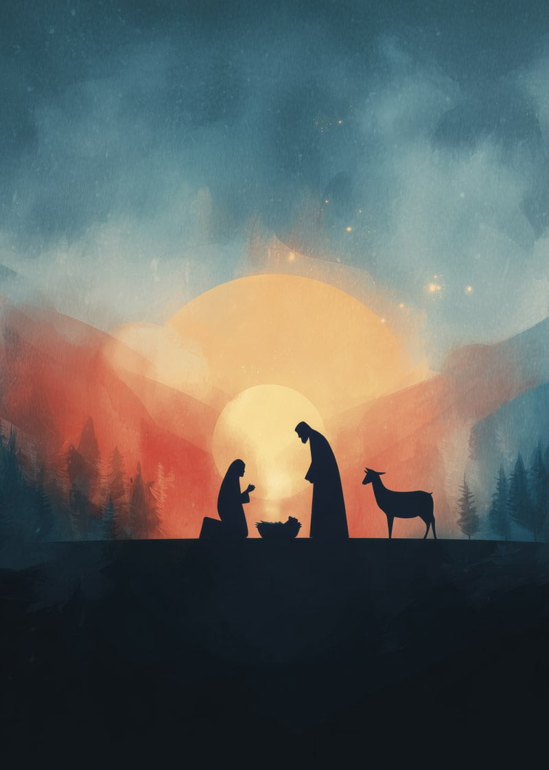 Affiche de noël chrétienne illustrée représentant la nativité en forme de silhouettes