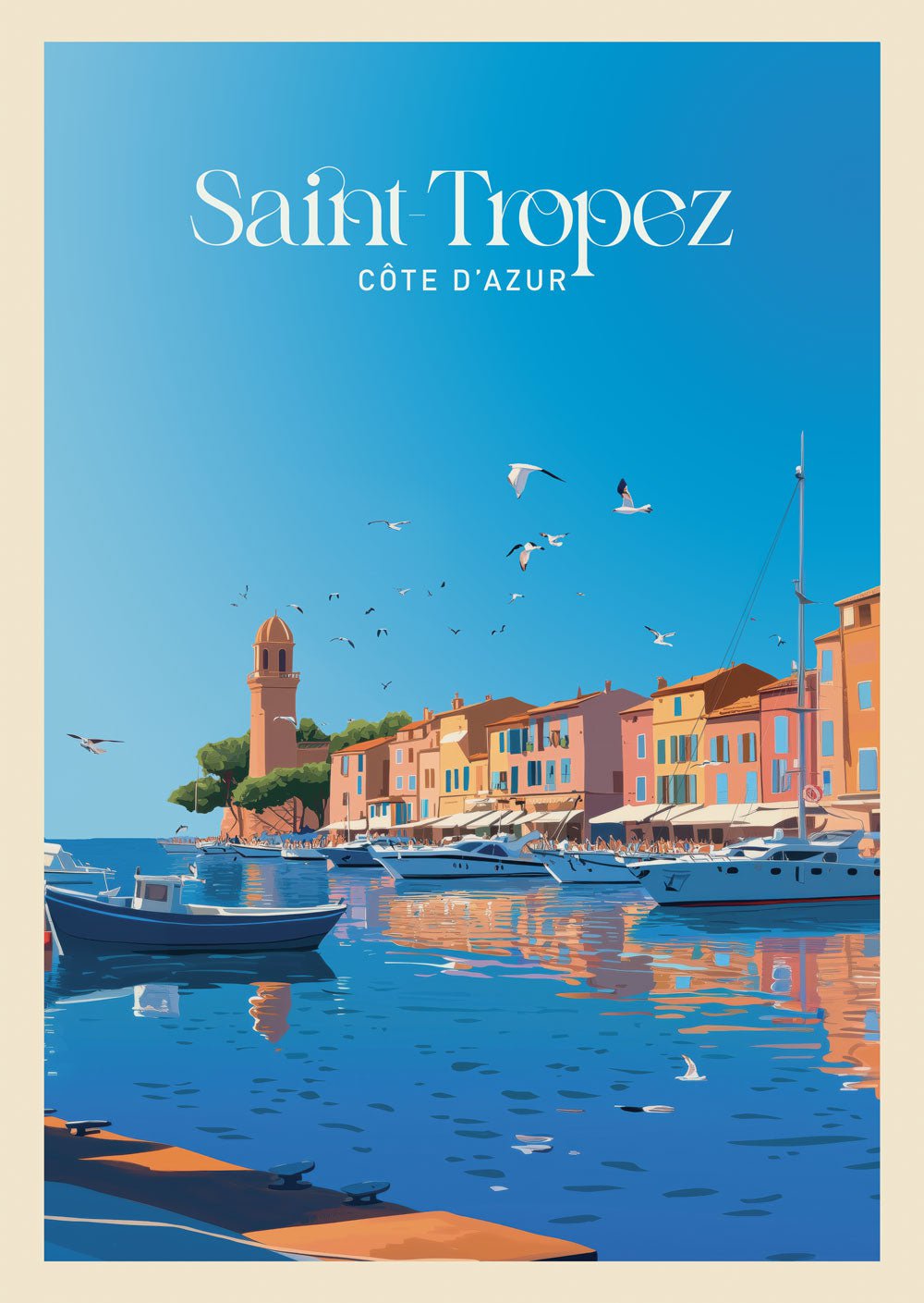 Affiche vintage illustrant la ville de Saint-Tropez vue du port.