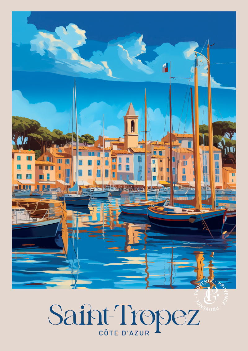 Affiche vintage illustrée du port de Saint-Tropez.