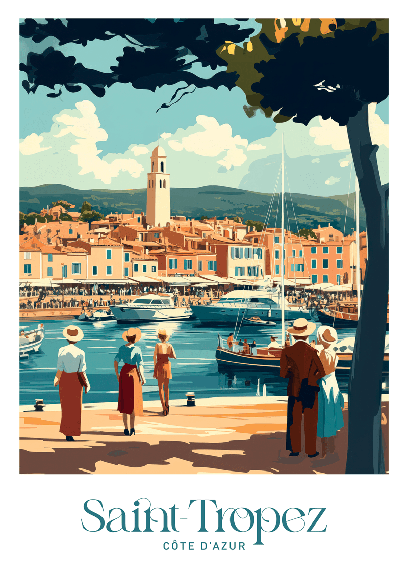 Affiche vintage de personnes se baladant sur le port de Saint-tropez, face aux bateaux.