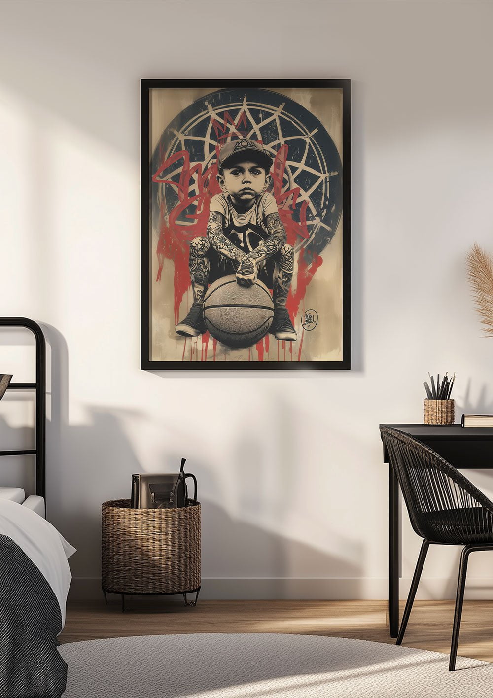 Affiche Street-Art de l'enfant tatoué dans le style de Banksy et Obey, encadrée dans une chambre d'ados.