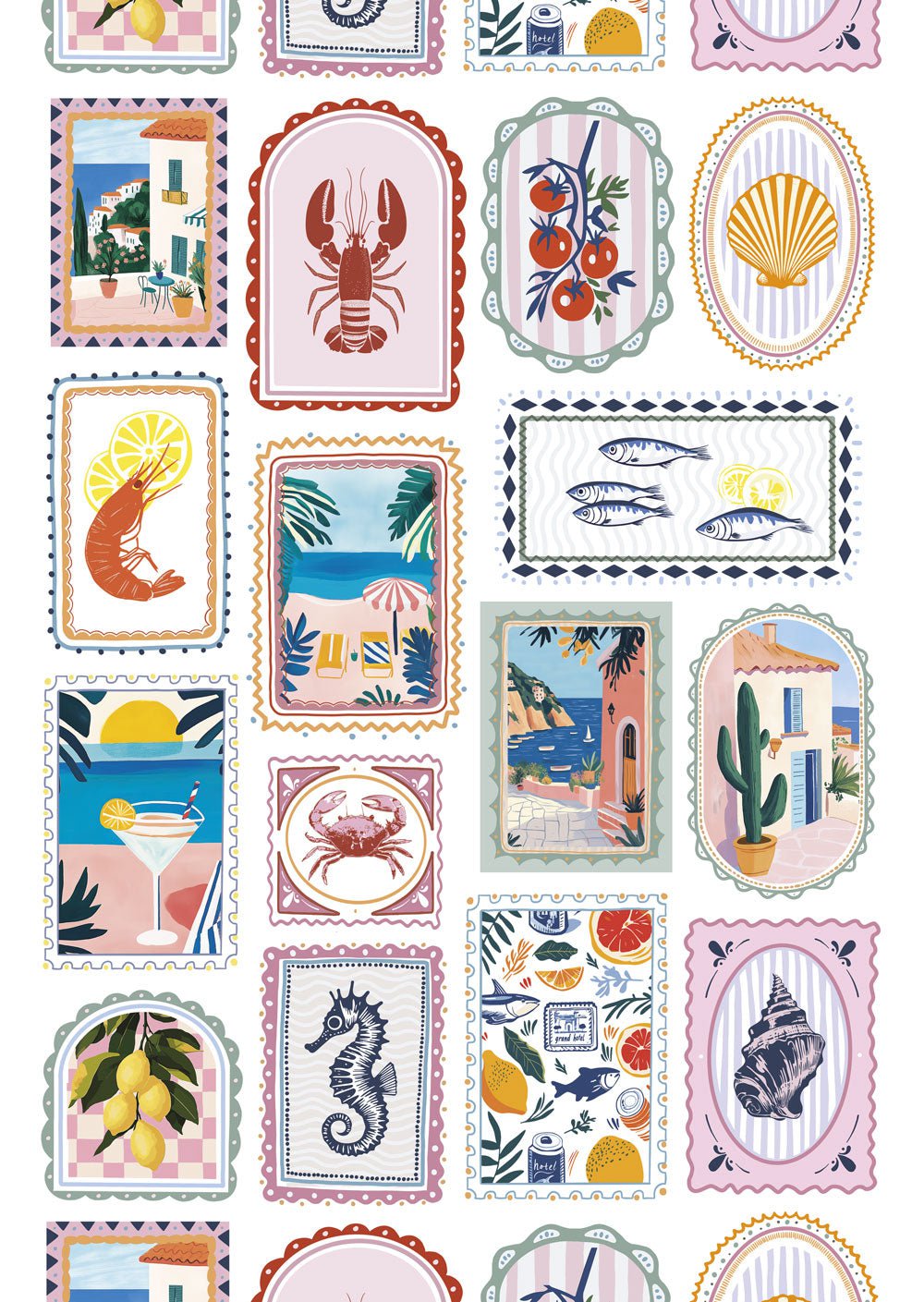 Affiche été d'un patchwork de coquillages et crustacés coloré