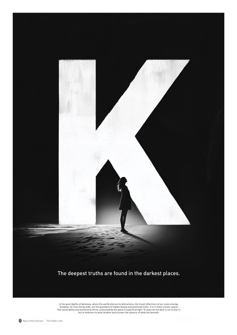Poster mural de la lettre K en blanc sur fond noir, avec un texte philosophique. Une femme est debout dans l'ombre