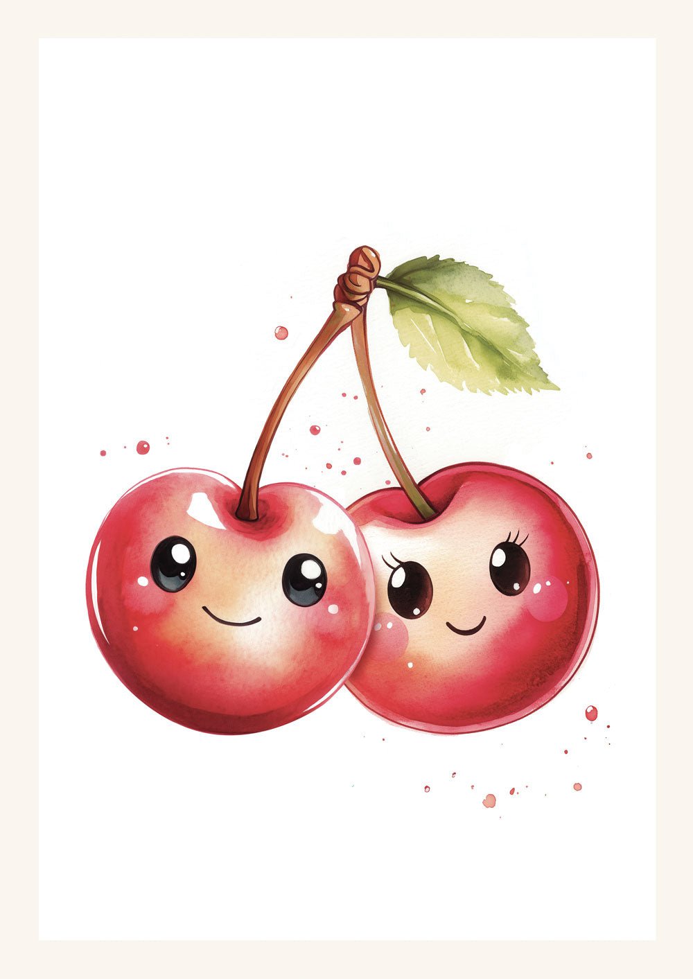 Affiche pour chambre bébé d'un duo de cerises souriantes pastel sur fond clair.