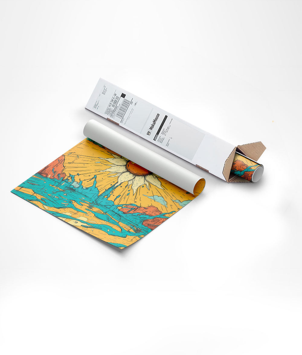 Emballage de l'affiche funky tournesol "comics" dans un carton triangulaire.