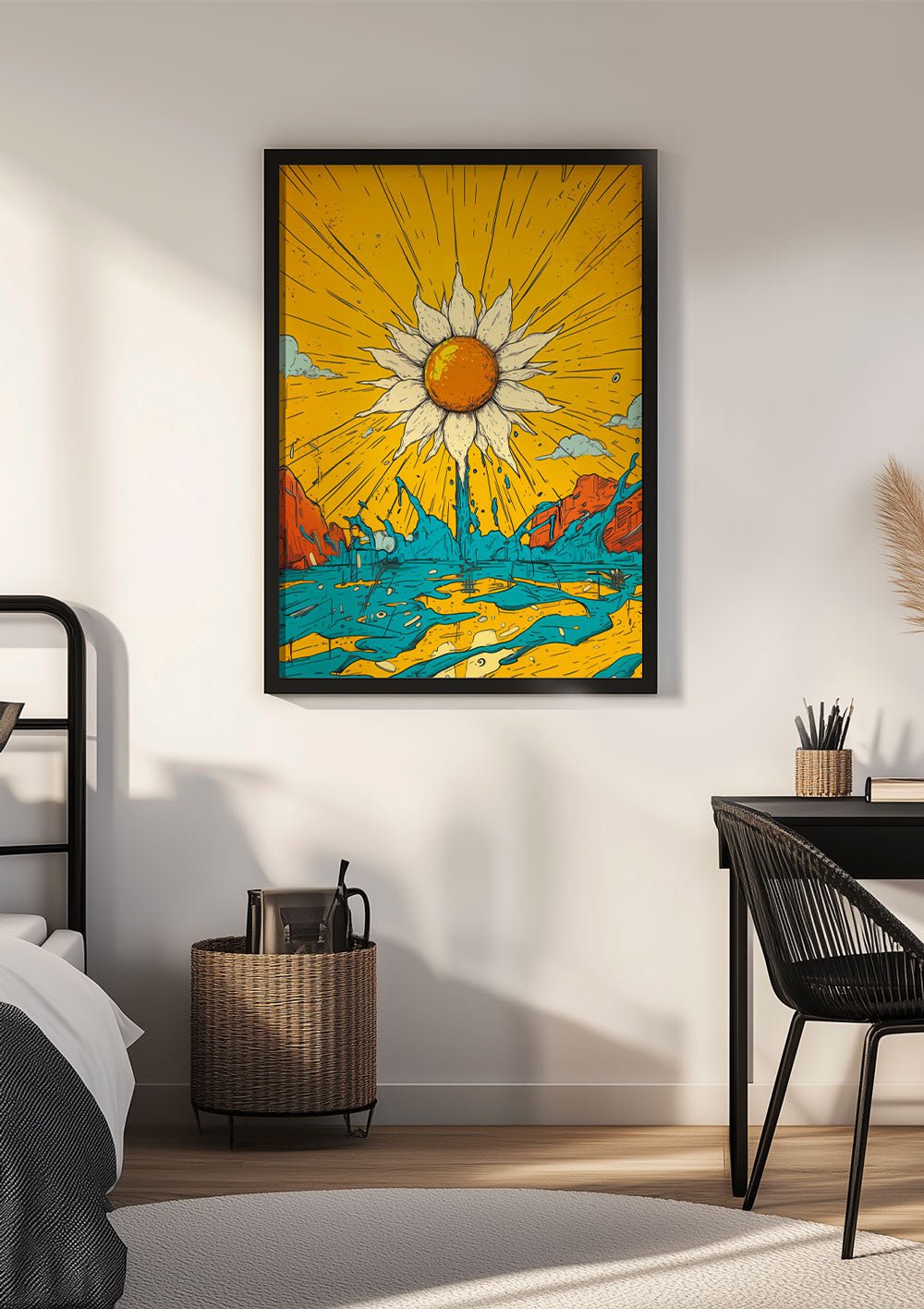 Affiche illustration vintage pop du tournesol "comics" encadrée sur le mur d'une chambre.