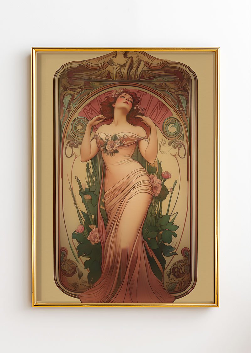 Poster art déco 1930 représentant une femme dans une reclam pour le martini, dans un cadre or.