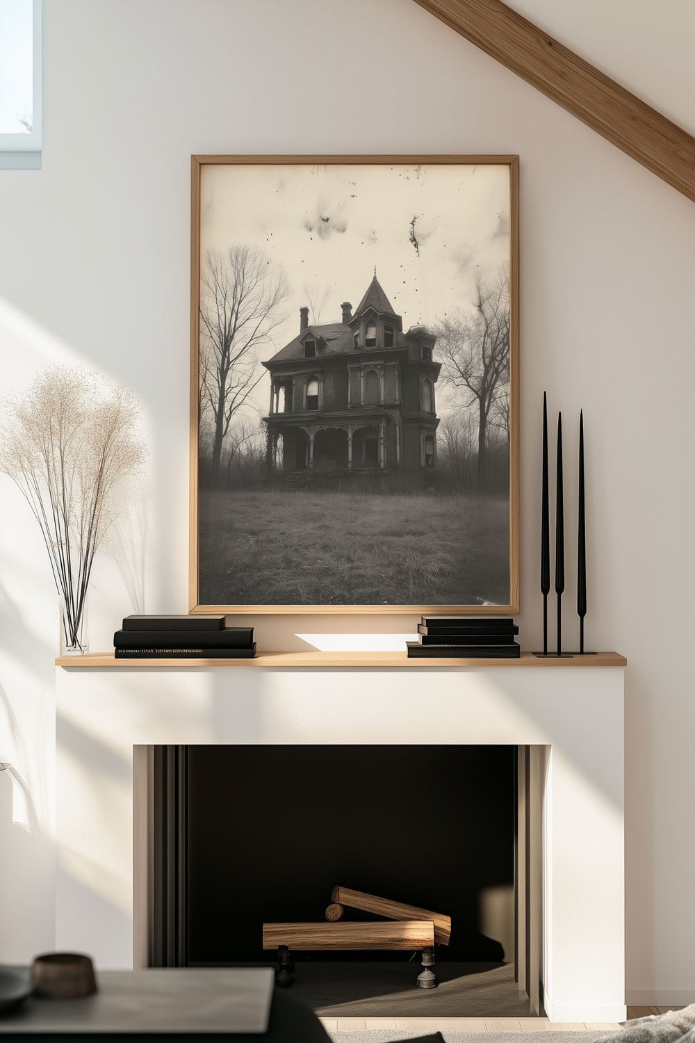 Une affiche photo d'une maison victorienne, encadrée dans une Décoration cabinet de curiosités