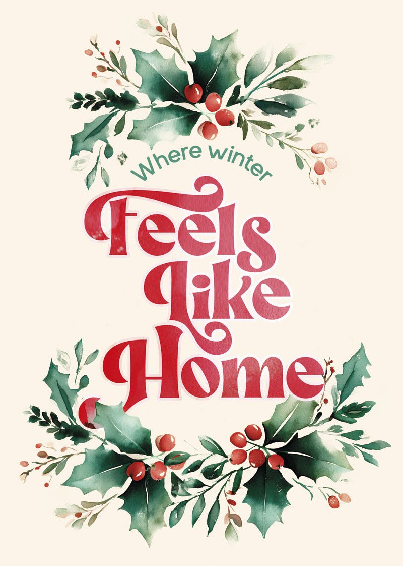 Affiche de Noel peinte à l'aquarelle illustrant des branches de houx et un texte en rouge