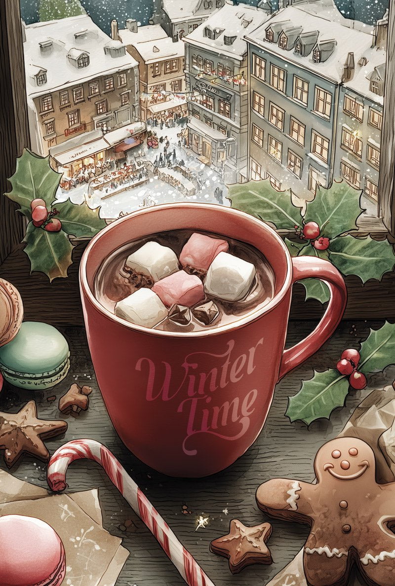 Affiche hiver illustrant une boisson chaude et une ville enneigée en format 40x60cm