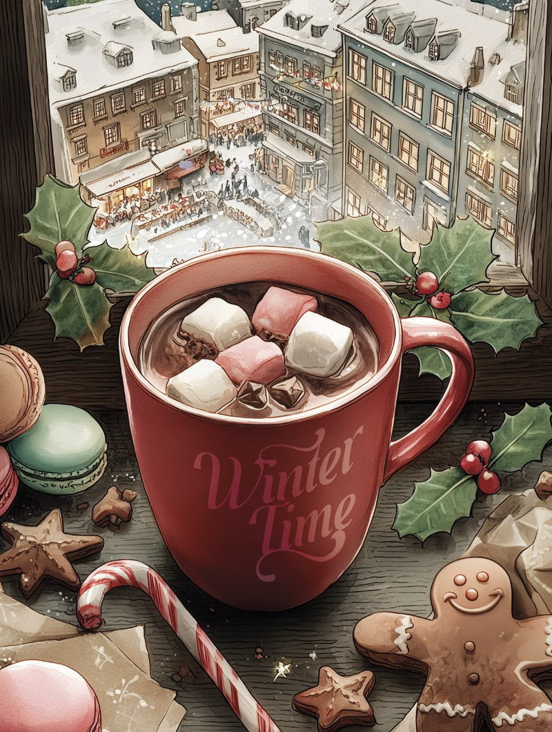 Poster noel tasse de boisson chaude "winter time" devant une fenêtre en format 30x40cm