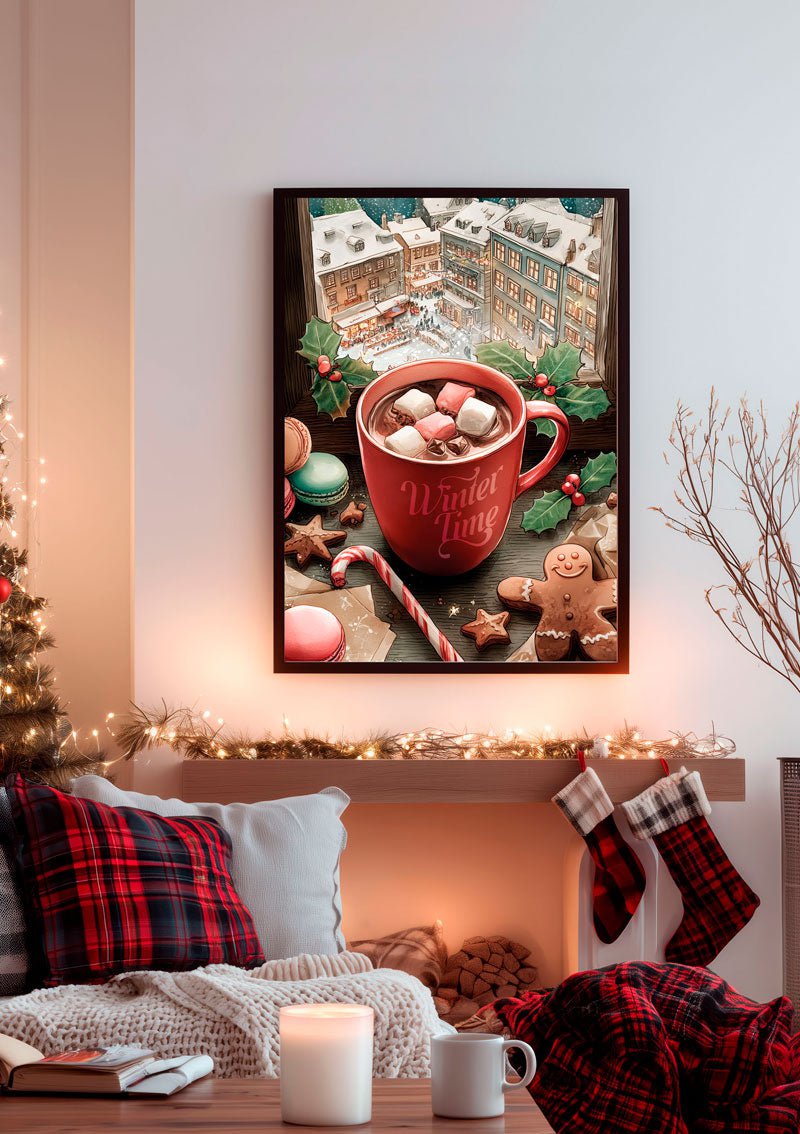 Affiche de noel d'une illustration d'une tasse de chocolat chaud encadrée sur le mur d'un salon