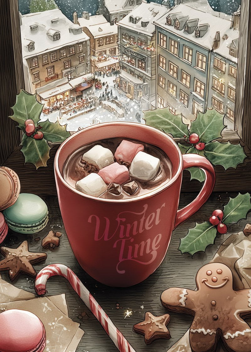 Affiche de noel illustrant une tasse de chocolat chaud avec des chamallows devant une fenêtre
