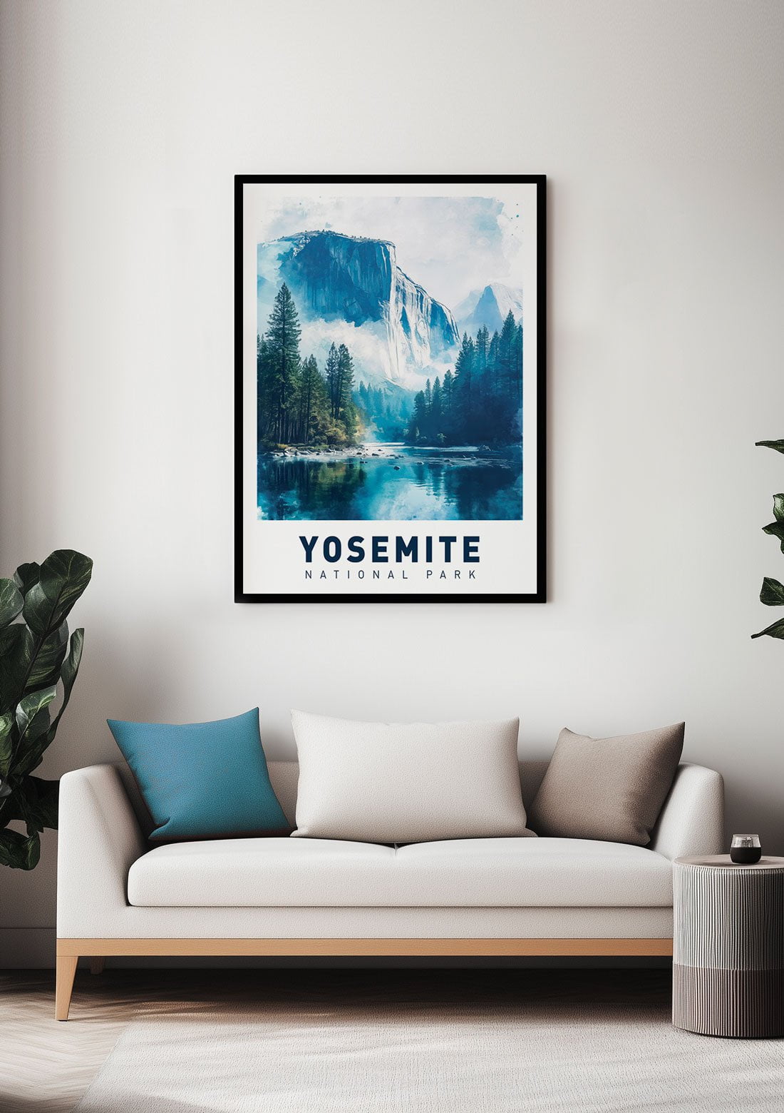 Affiche illustration d'une rivière de Yosemite Park, mise en situation sur le mur d'un salon.