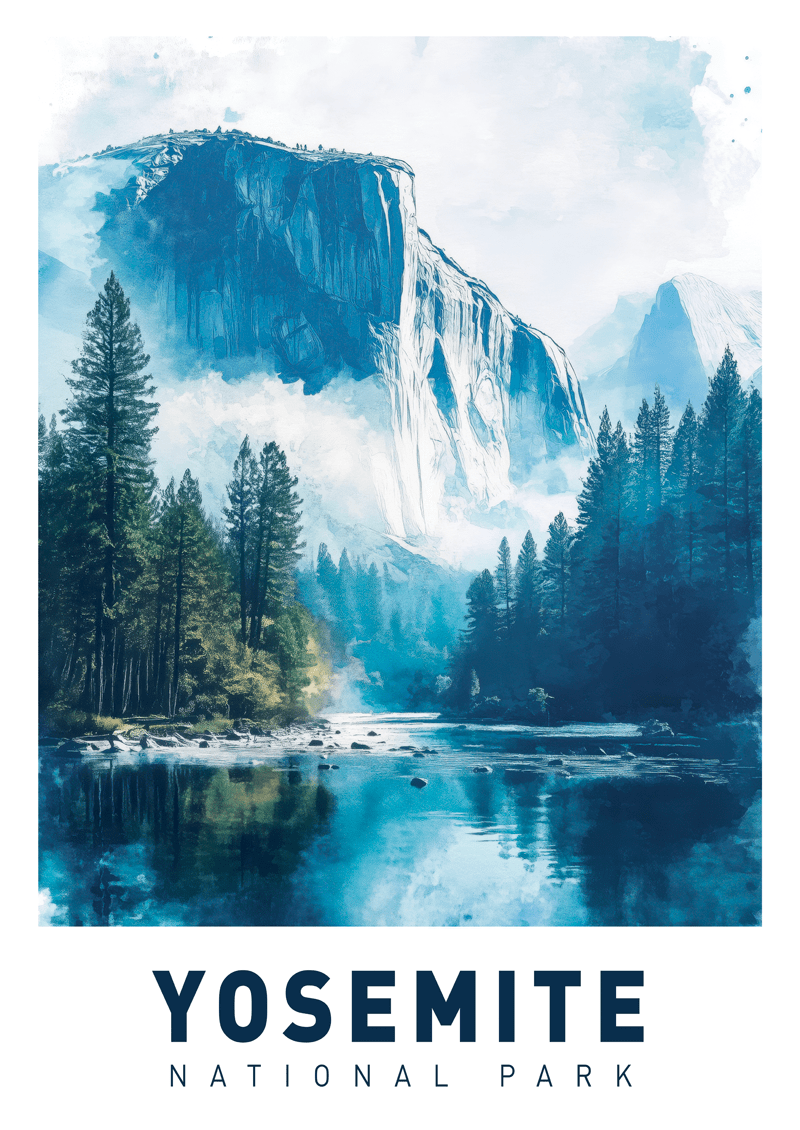 Affiche illustration à l'aquarelle d'une rivière de Yosemite Park, aux tons bleus.