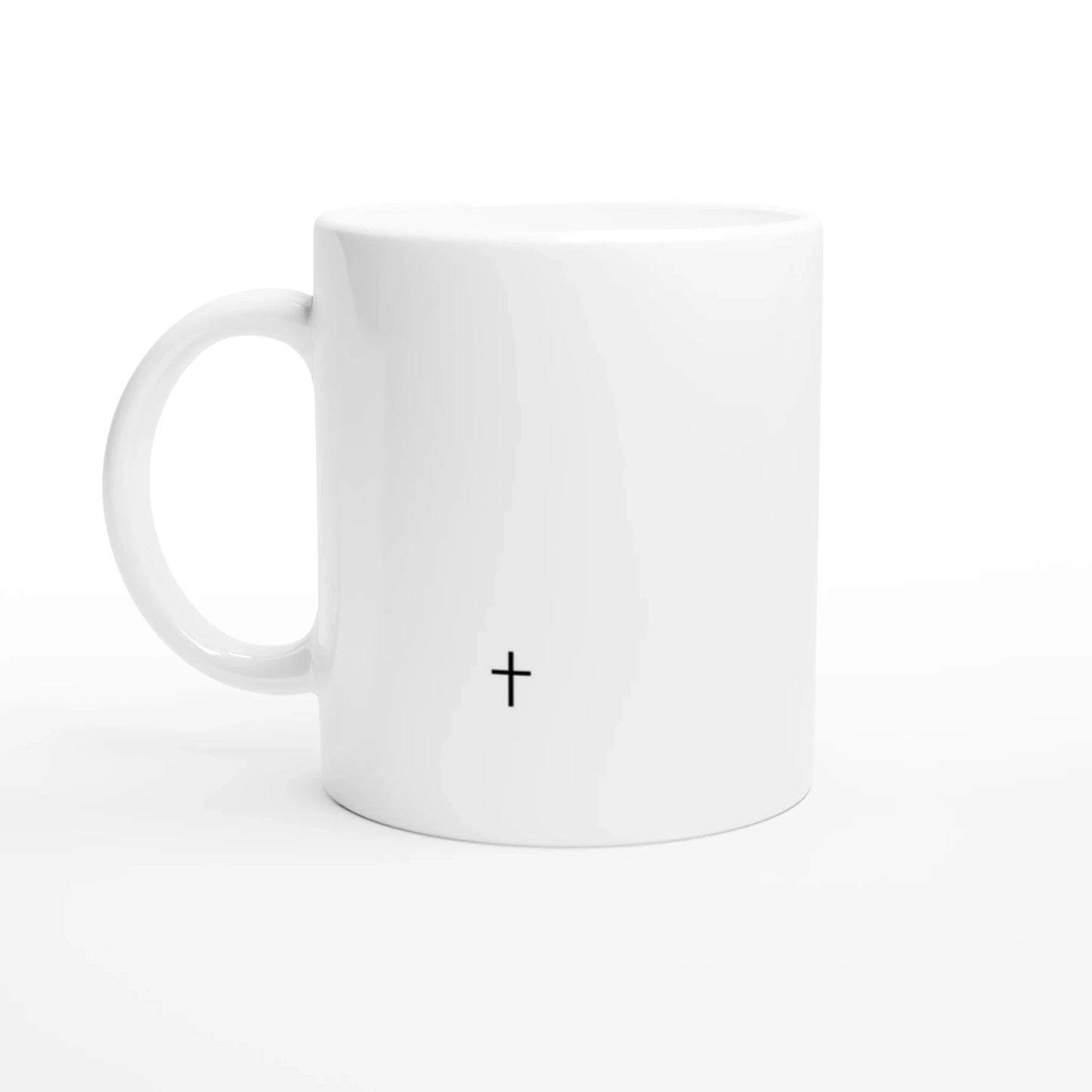 Mug chrétien blanc vu de dos, avec une croix chrétienne en bas