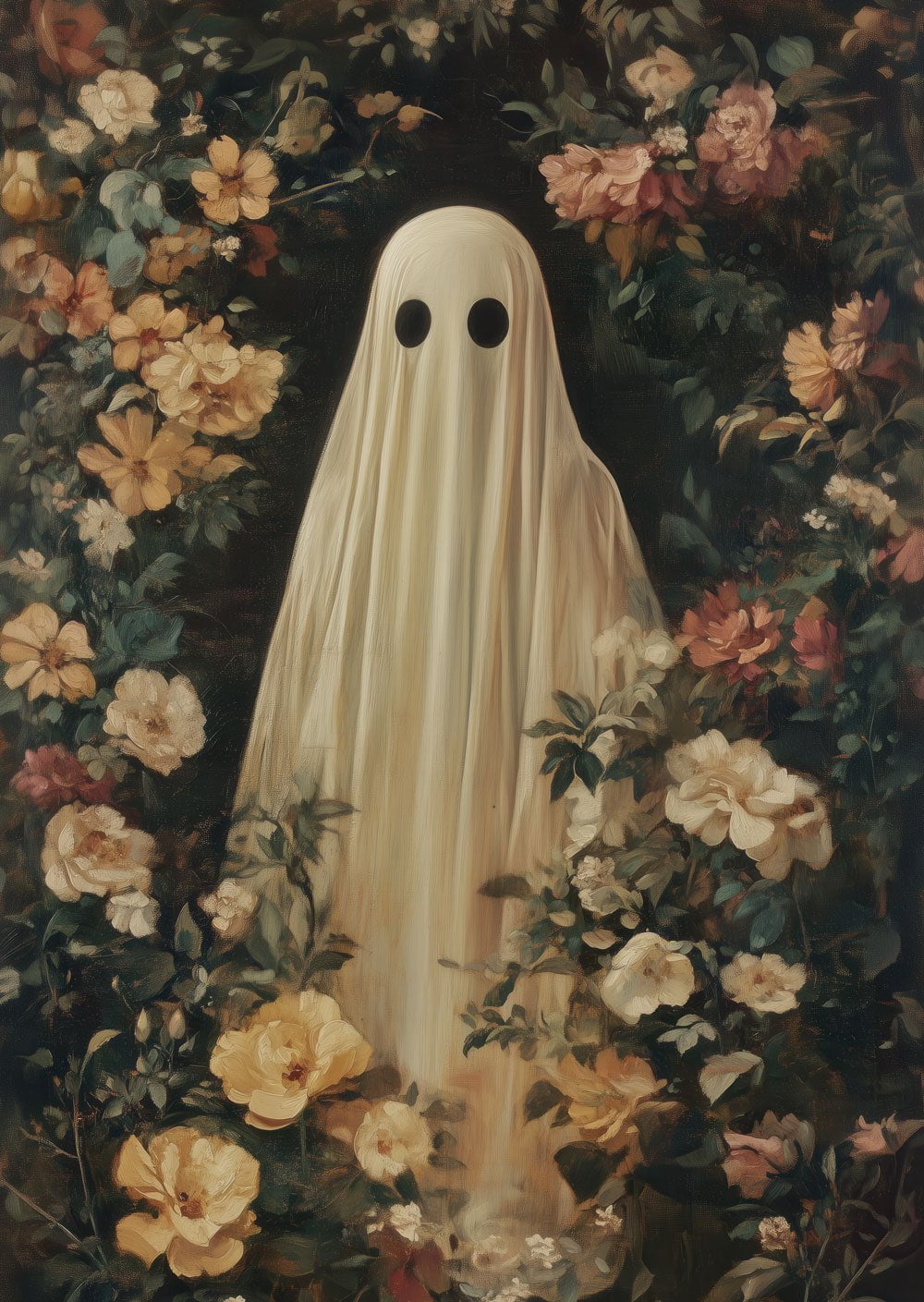 Affiche Décoration de cabinet de curiosités représentant une fantome dans une végétation colorée