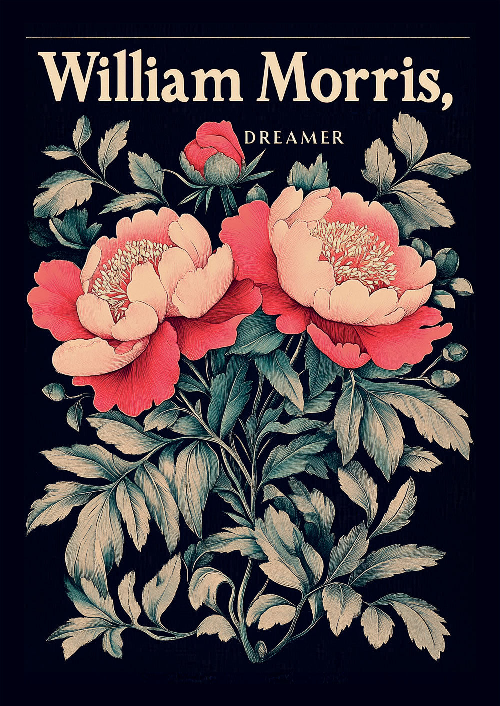 Une affiche inspirée des illustrations de William Morris représentant des pavots rouges éclatants sur un fond noir.