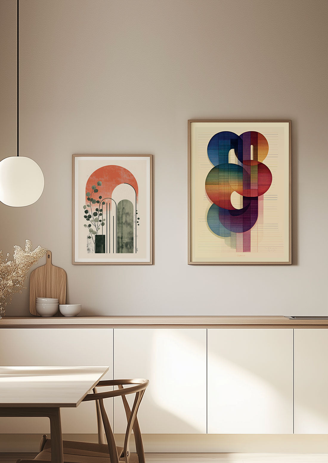 Affiche bauhaus formes géométriques multicolores encadrée coté d'une autre affiche