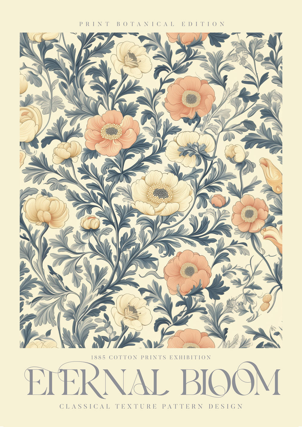 affiche murale style William Morris de fleurs couleurs crème, rouge et vert, avec le titre "Eternal Bloom".