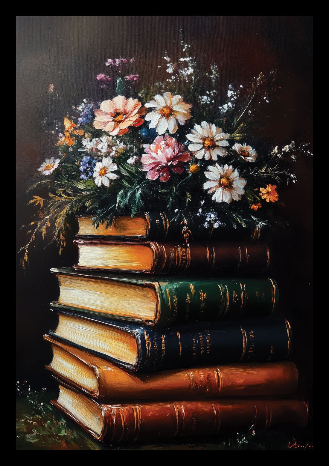 affiche murale botanique d'une illustration de vieux livre et de fleurs, aux teintes douces sur fond noir