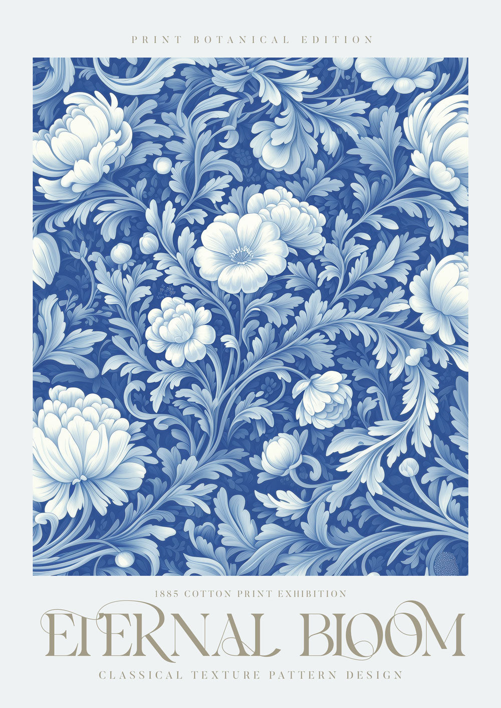 Affiche murale William Morris de fleurs blanches sur un fond bleu, avec le titre "Eternal Bloom".
