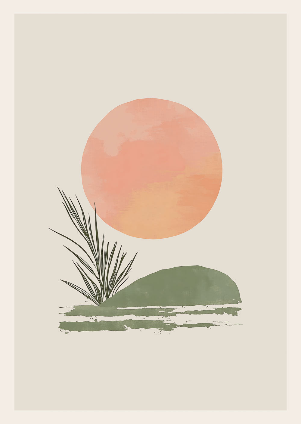 Affiche murale contemporaine à l'aquarelle d'un soleil au dessus d'un roseau.