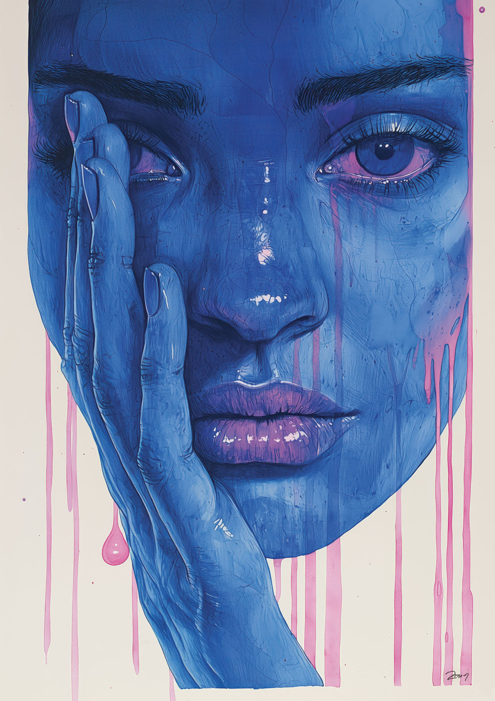 Affiche street art d'un visage bleu d'une femme, avec sa main devant, aux coulures roses.