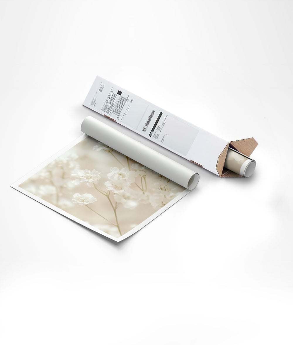 Emballage de la photographie de fleurs dans un carton de forme triangulaire.